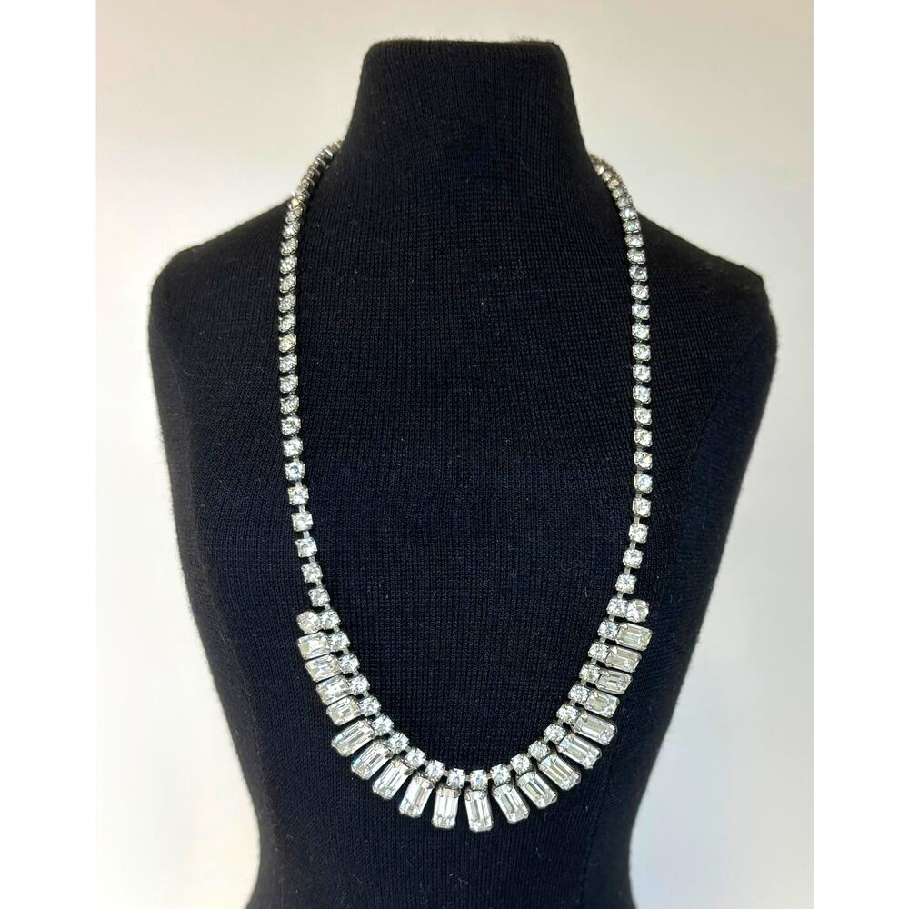 WEISS Clear Baguette & Round Rhinestone Fringe Necklace 15" Box Clasp Vintage